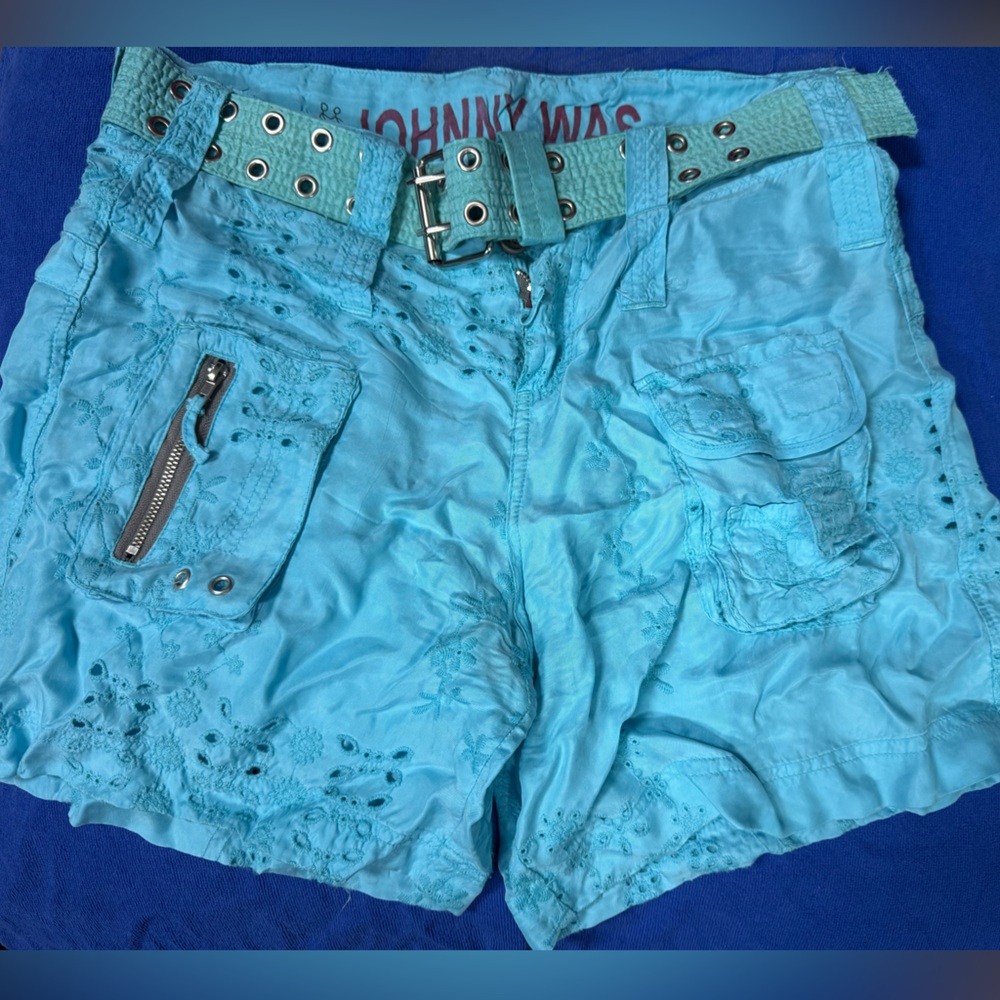 Johnny Was Turquoise Embroidered Cargo Shorts
